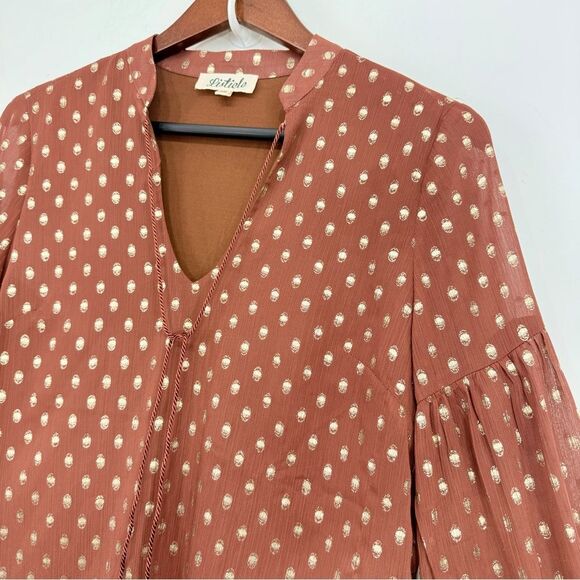 Listicle Rust Brown Gold Metallic Polka Dot Ruffle Long Sleeve Peasant Blouse - Picture 5 of 16